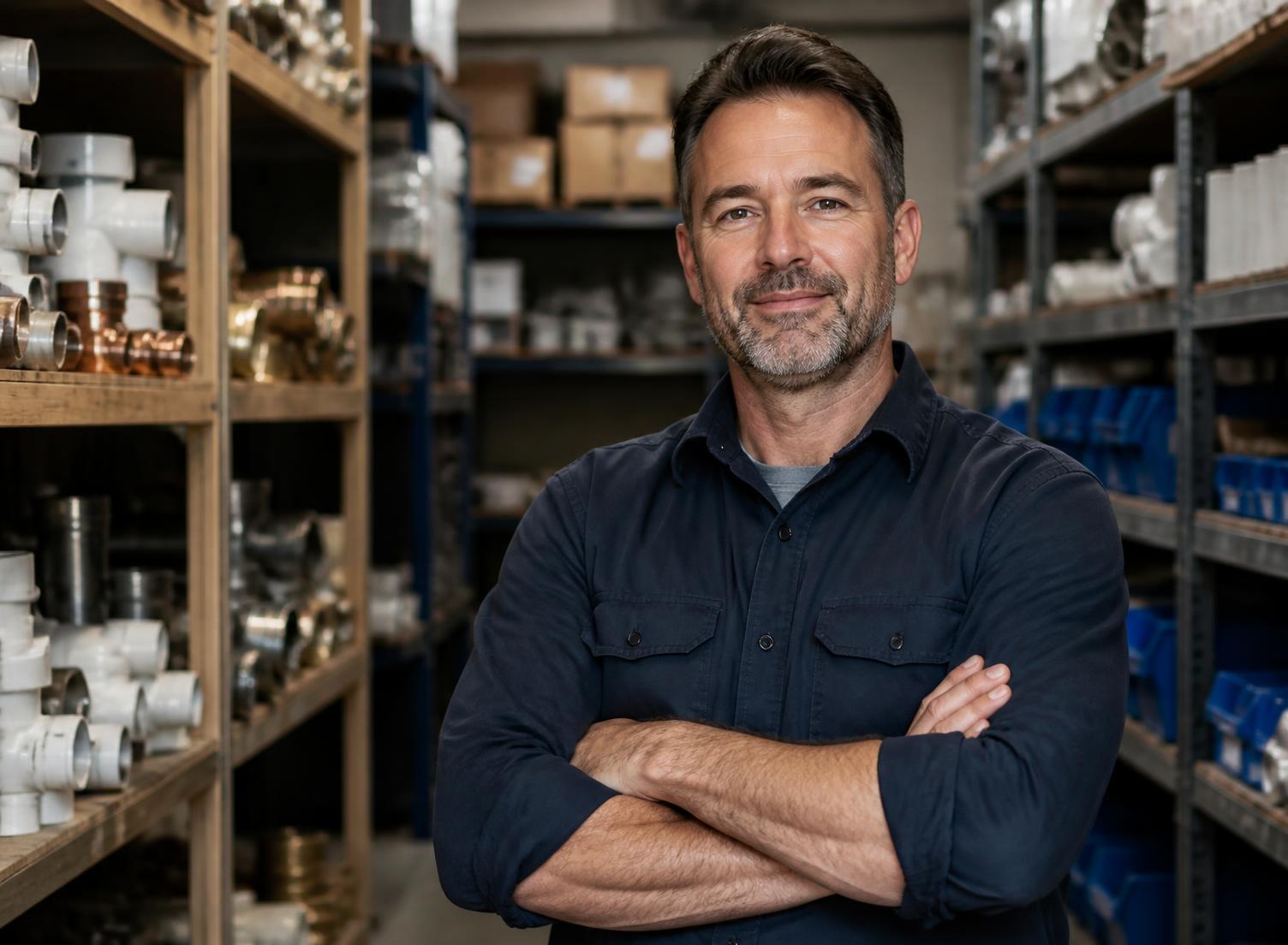 Home-service business owner standing in a parts warehouse